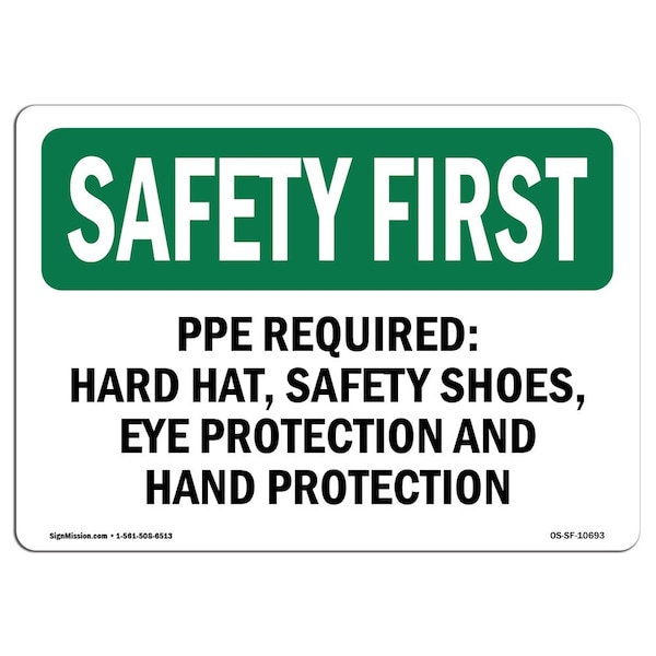 Signmission OSHA Sign, PPE Required, Hard Hat Shoes Eye, 18in X 12in Decal, 18" W, 12" H, Landscape OS-SF-D-1218-L-10693 - main